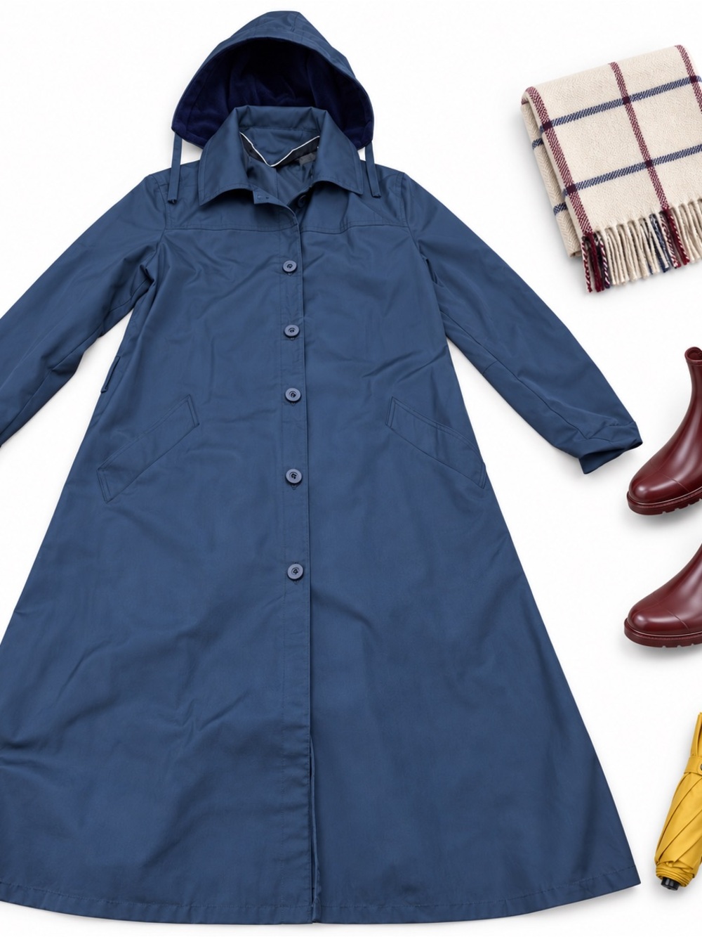 London Fog Womens 10 Reg Navy Blue Hooded Long Raincoat Button Front Trench Coat